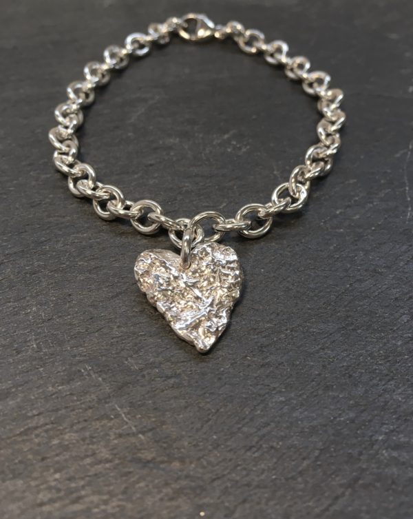 Melt My Heart bracelet, silver open link bracelet with large reticulated silver heart created by Carol James of Silverfish Designs