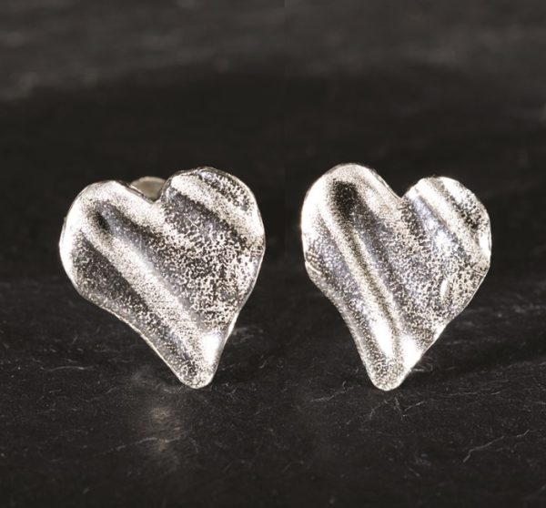 Tiny ribbon heart studs, handmade by Silverfish Designs